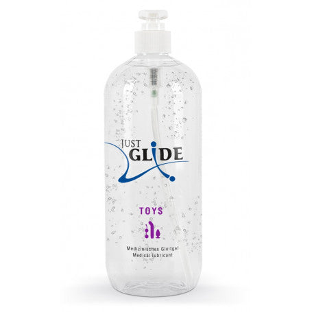 Grande flacone trasparente di lubrificante Just Glide Toys da 1000 ml, a base acquosa, disponibile per l'acquisto online.