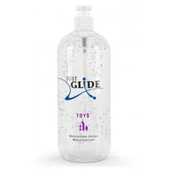 Grande flacone trasparente di lubrificante Just Glide Toys da 1000 ml, a base acquosa, disponibile per l'acquisto online.