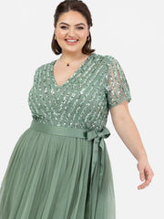Maya plus size green stripe sequin embellished maxi dress with V neckline and satin sash belt - Curvy Chic Boutique