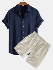 Modinzi mens set Navy / S Men’s Linen Short Sleeve Shirt and Shorts Set – Lightweight Summer Two-Piece Outfit