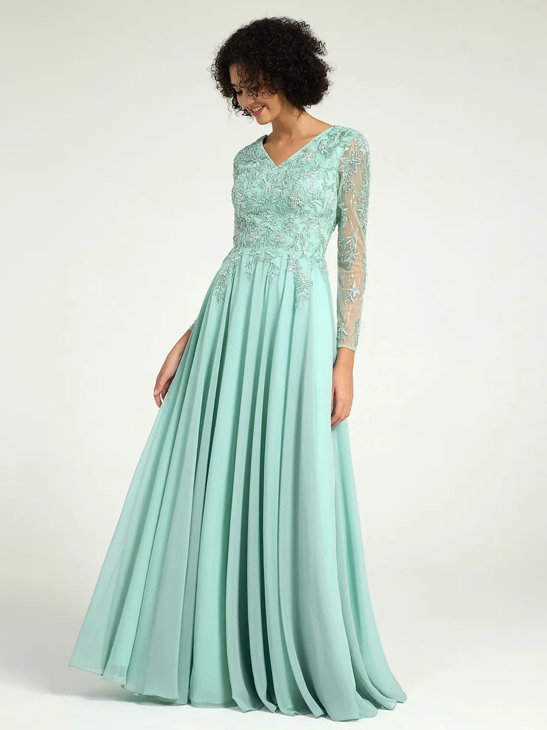 Carlyna Long Sleeve Mother of the Bride Dress with Beaded Lace Accents