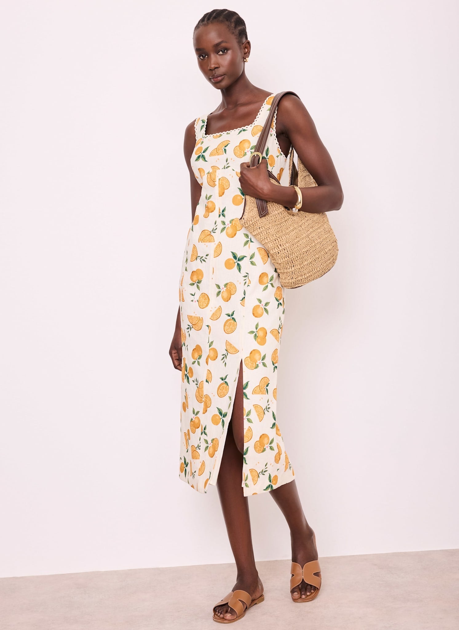 Orange Print Linen Blend Midi Dress