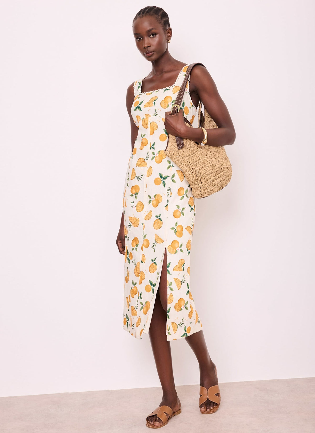 Orange Print Linen Blend Midi Dress