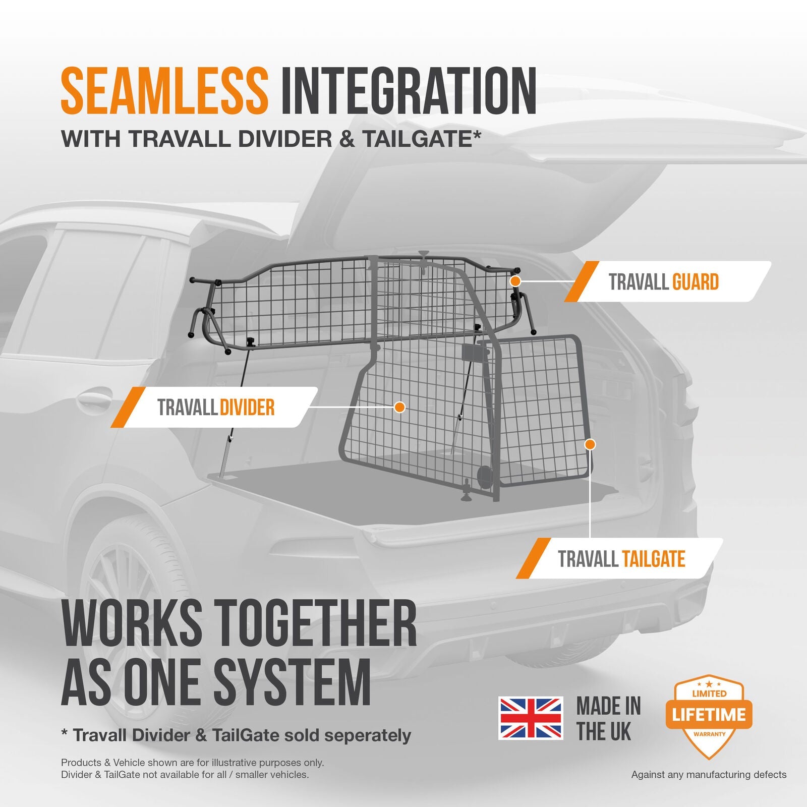 Travall car guard system with divider and tailgate on a vehicle, featuring branding and product names.