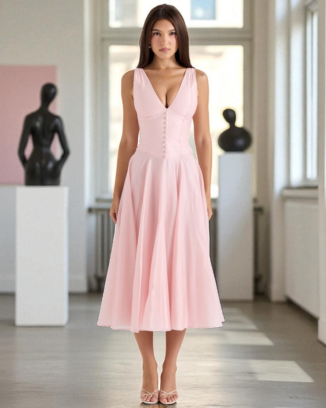 Front view of the Paisley Pink Midi Women’s Dress, an affordable alternative to Aritzia dresses