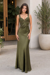 Philomena | Olive Green Sheath Satin Beaded Long Prom Dresses