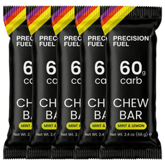 Pack of Precision Fuel Chew Bars with black packaging and colorful top.