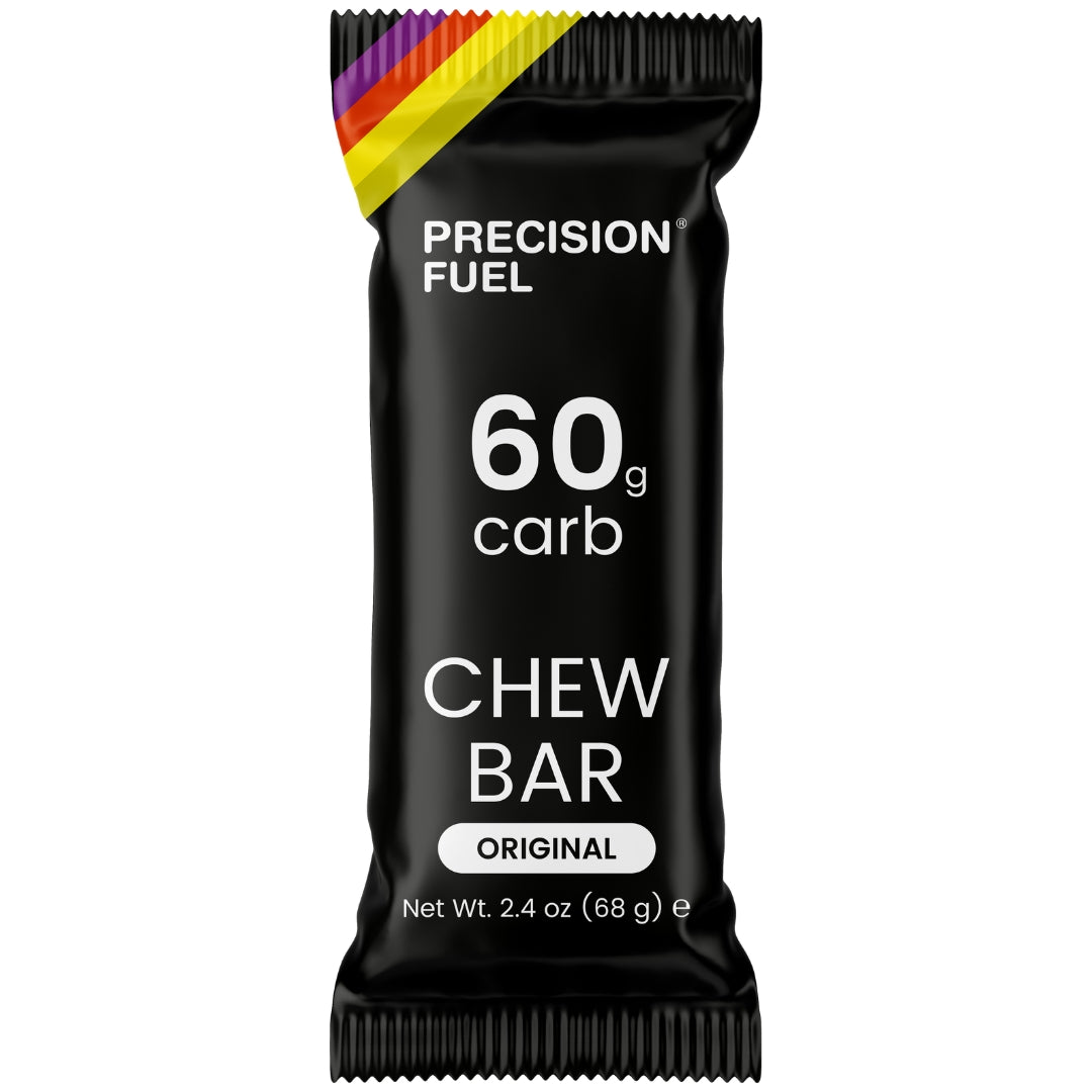 Black Precision Fuel chew bar packaging with white text on a white background