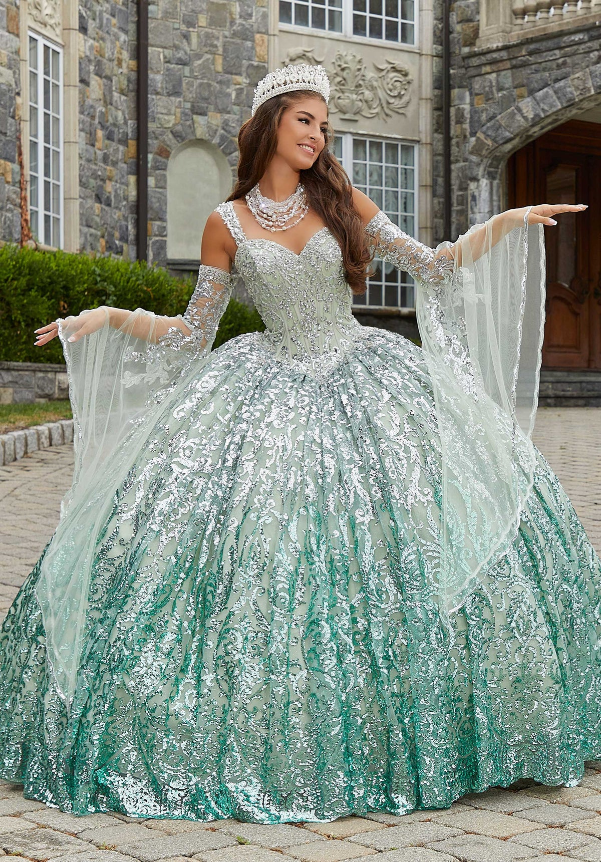 MoriLee #89401 Silver Sage Ombré Patterned Sequin Quinceañera Dress