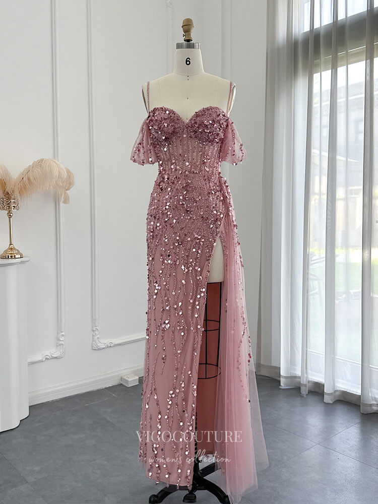 Prom Dress 2025 Vintage Beaded Prom Dresses with Slit Spaghetti Strap 1920s Evening Dress 22142-unique elegant Prom Dresses-Pink-US2-vigocouture