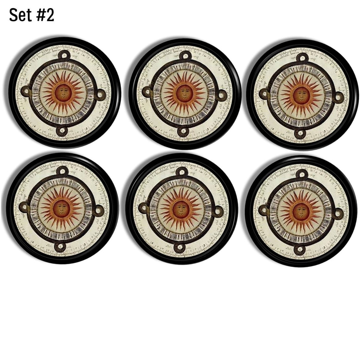 Set of six decorative cabinet knobs with a circular sunburst design, featuring intricate tribal and astrological engravings. The knobs have a rustic, antique look, ideal for Southwestern, bohemian, or eclectic home decor styles. Perfect for enhancing furniture, kitchen cabinets, or dresser drawers with a bold, artisanal touch.