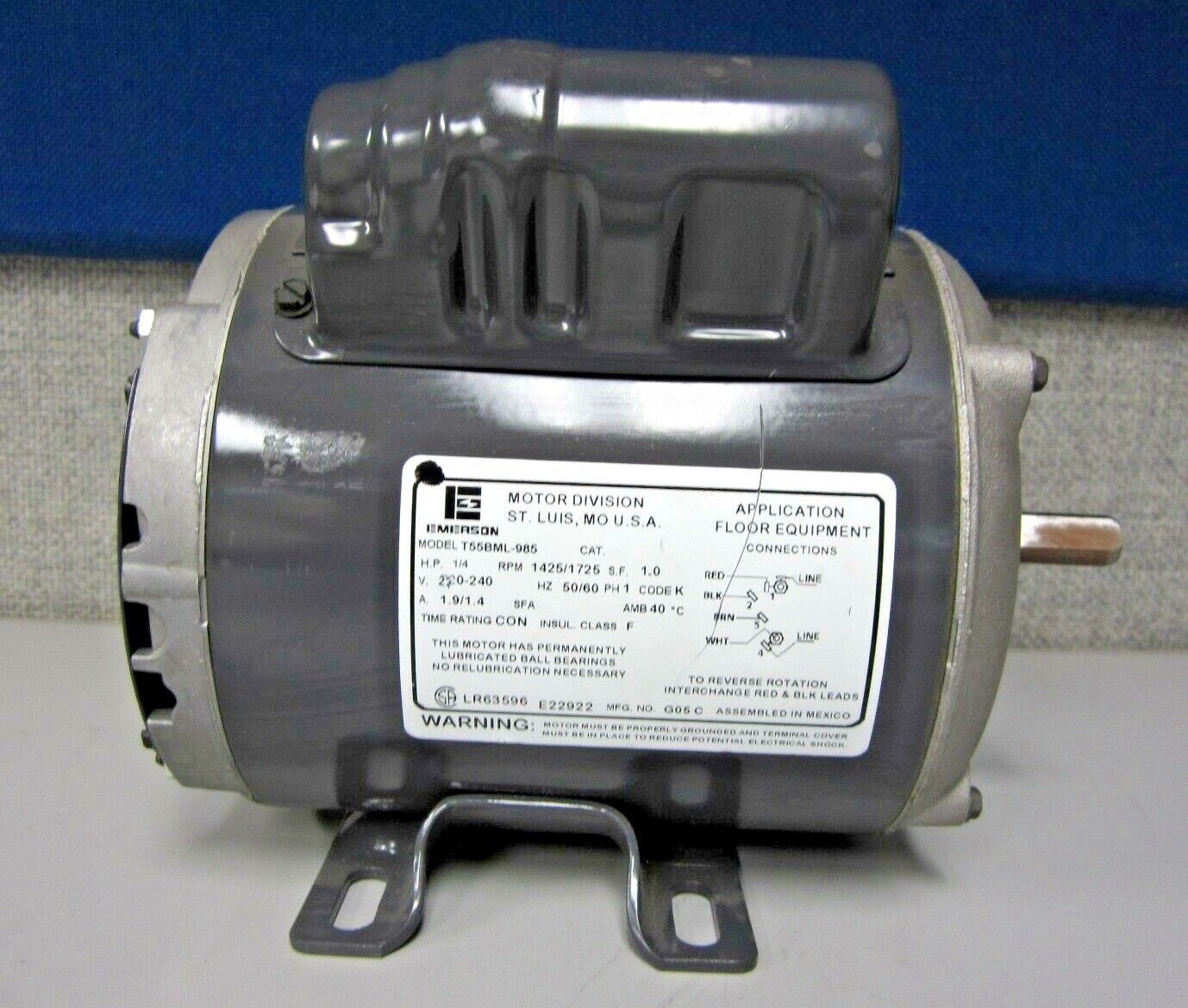 Emerson T55BML-985 Continuous Duty Motor (1/4HP, 1425/1725RPM, 220-240V, 1-PH)