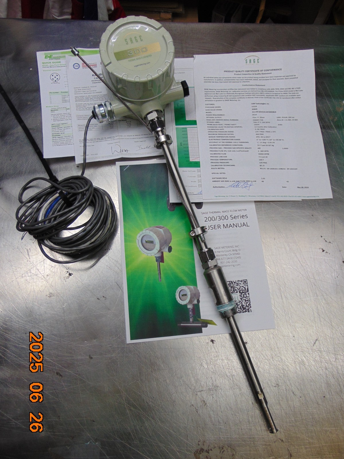 SAGE METERING 300 THERMAL MASS FLOW METER MODEL# 311-05-18-DC24-AIR "CERTIFIED"