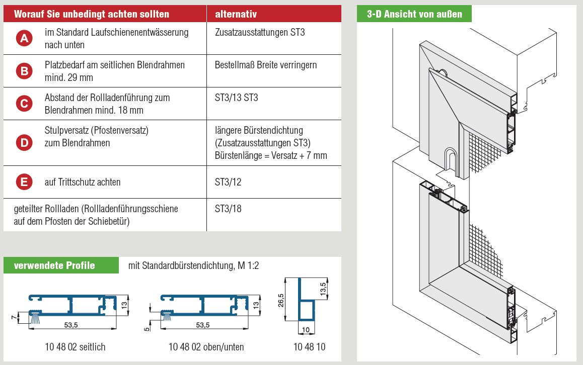 Insektenschutz Schiebetüre ST3/11 Einbaurahmen Diagramm und Profile