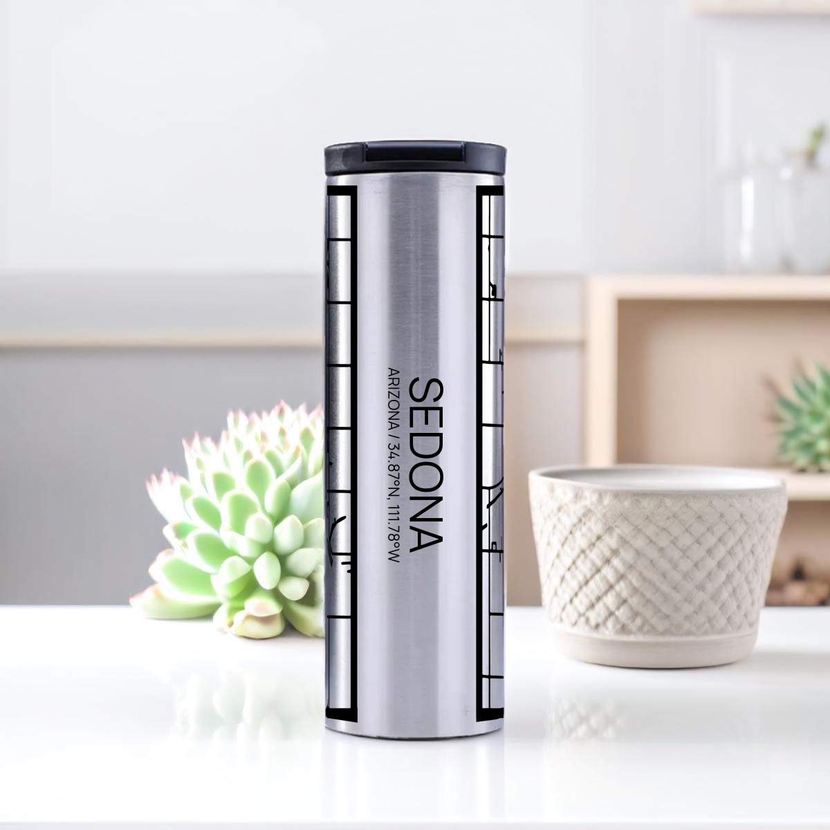 Sedona Arizona Custom City Map Inscription Coordinates on 17oz Stainless Steel Insulated Tumbler in Tactile Lines with Succulent in Background