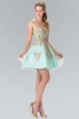 Short Strapless Dress with Gold Lace Applique by Elizabeth K GS2371-Short Cocktail Dresses-ABC Fashion