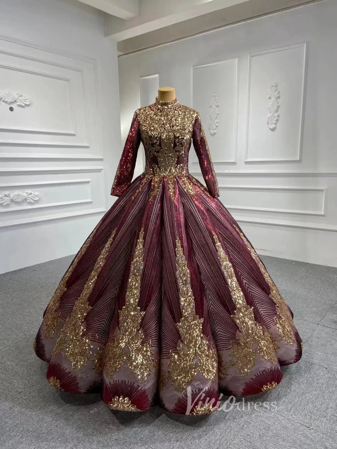 Sparkly Gold Long Sleeve Wedding Dress High Neck 66754 Burgundy-prom dresses 2025 -Viniodress-Burgundy-US 2-