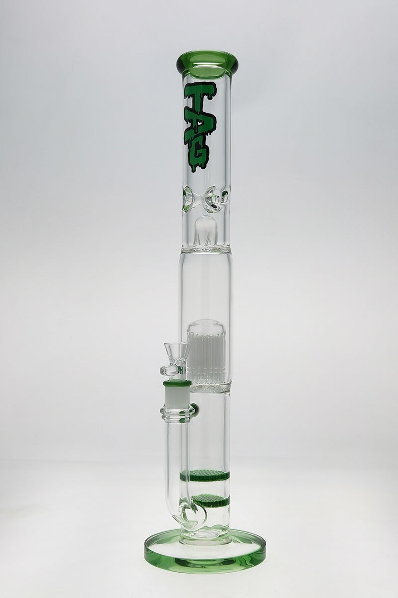 TAG 22" bong with double honeycomb, 34 arm tree percolator, green accents, front view on white background