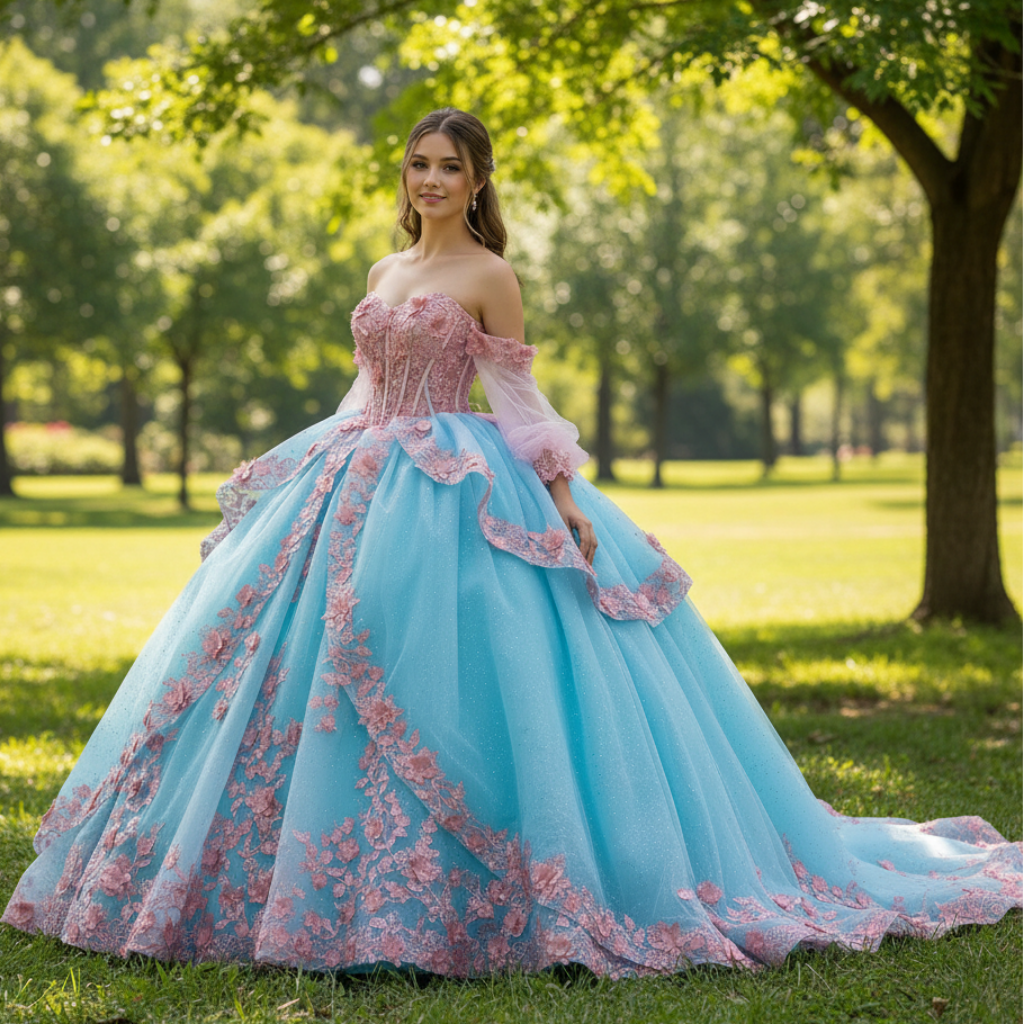 Elegant Teal and Pink Floral Quinceanera Dress Detachable Long Sleeve