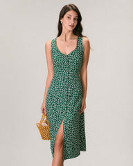 The Green V Neck Floral Button Midi Dress Dresses - RIHOAS