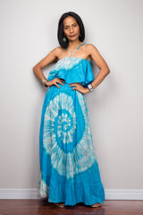 Tie dye drop waist dress with ruffle.  Blue tie dye dress by Nuichan