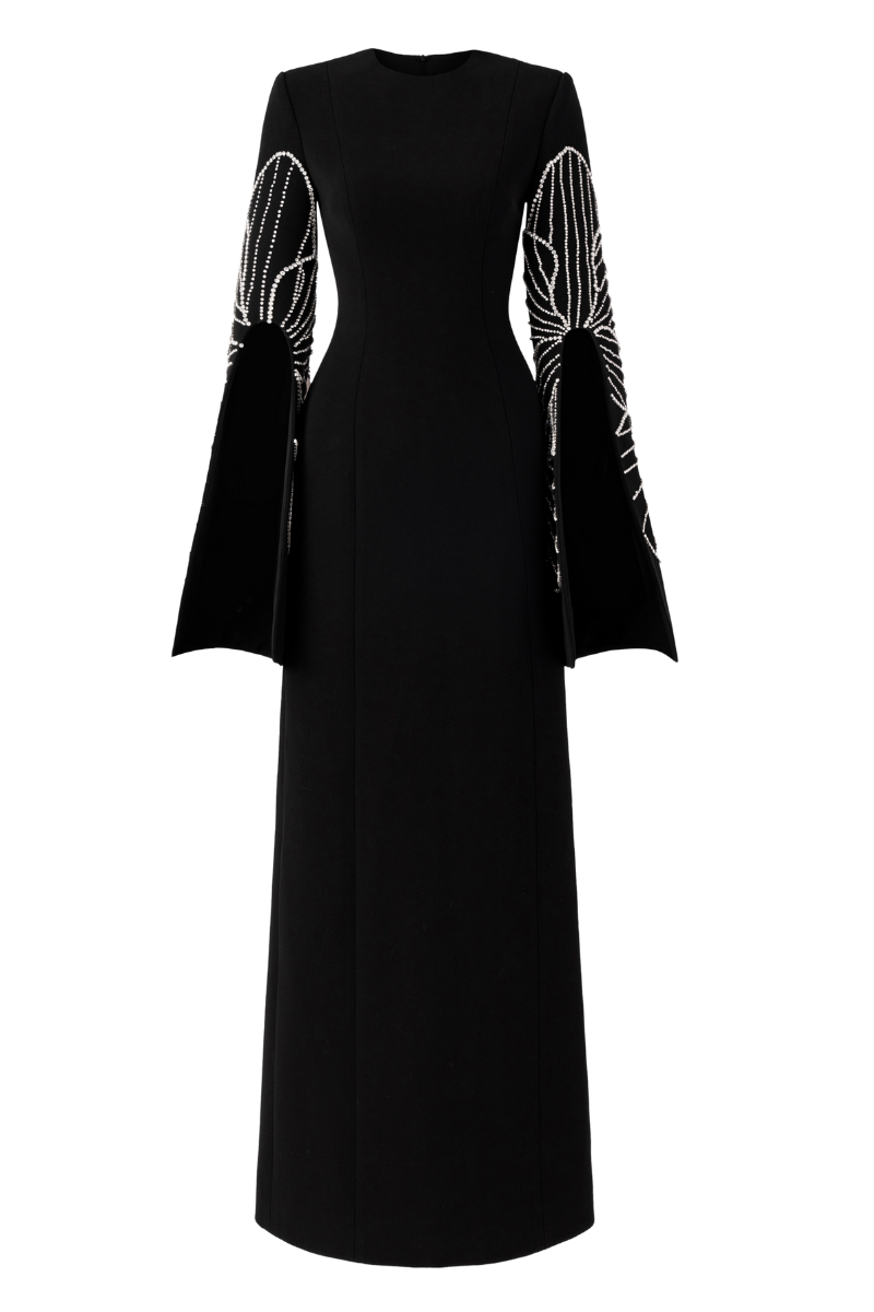 Black slit-sleeve bodycon dress by Tracy Studio, form-fitting gown with stylish slit sleeves, perfect for elegant occasions.