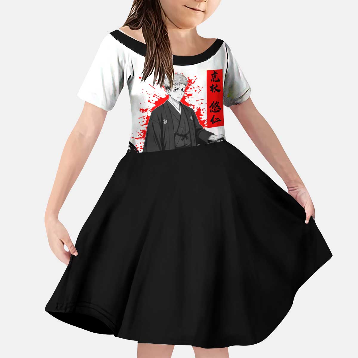 Yuji Itadori Jujutsu Kaisen Samurai Design Kid Short Sleeve Dress with Katana, Red Kanji Elements and Oni Mask Graphic - The Mazicc