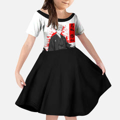 Yuji Itadori Jujutsu Kaisen Samurai Design Kid Short Sleeve Dress with Katana, Red Kanji Elements and Oni Mask Graphic - The Mazicc