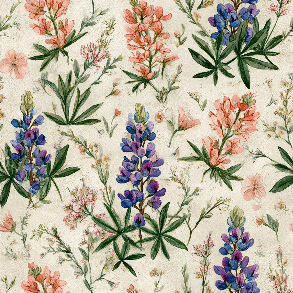 Floral wallpaper with a watercolor design, featuring blue and orange lupines.