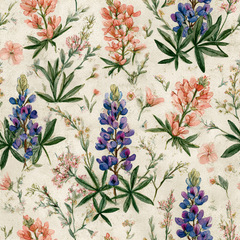 Floral wallpaper with a watercolor design, featuring blue and orange lupines.