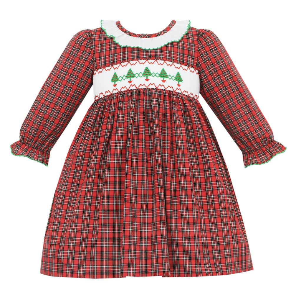 Petit Bebe Baby / Toddler Girls Red Holiday Plaid Smocked Christmas Trees Dress - Ruffle Collar by Petit Bebe