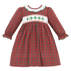 Petit Bebe Baby / Toddler Girls Red Holiday Plaid Smocked Christmas Trees Dress - Ruffle Collar by Petit Bebe