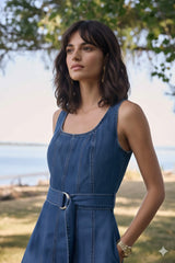Joseph Ribkoff Denim Fit And Flare Midi Dress With Belt | Unique Apparel USA