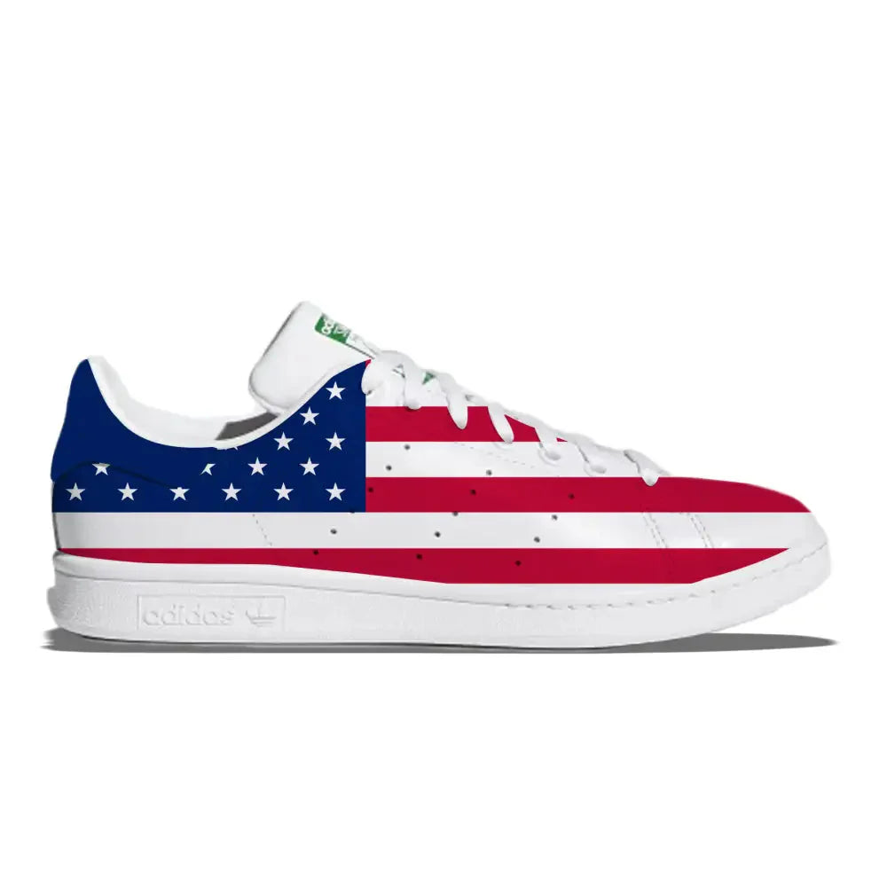 American flag-themed Adidas Stan Smith casual shoes displayed with USA flag design