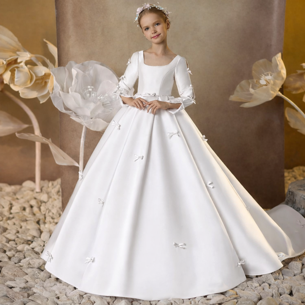 Luxury Pink Satin Girl Dresses Square Collar Long Sleeve J137