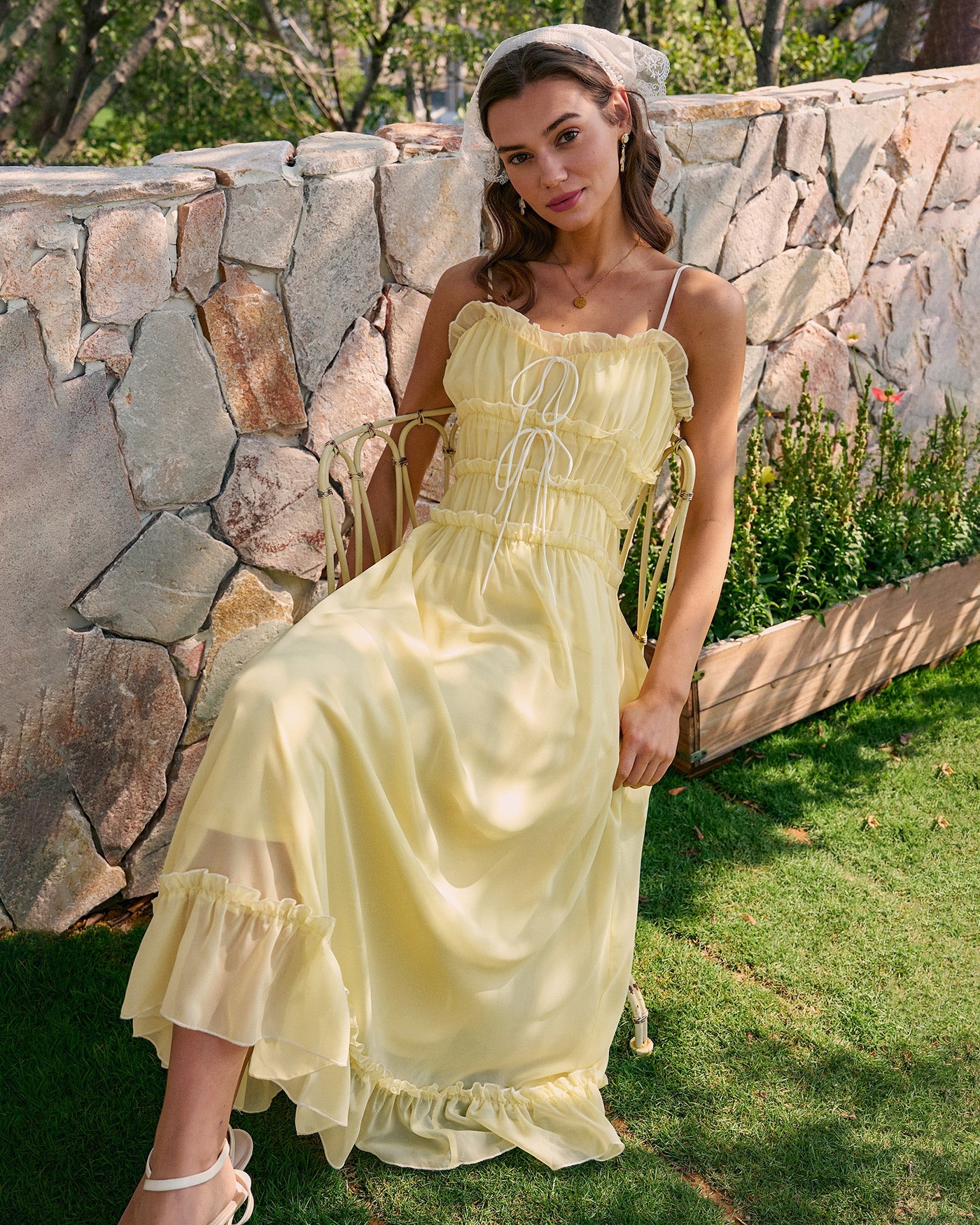 Women's Woven Polyester Midi Dress Yellow Dresses - RIHOAS
